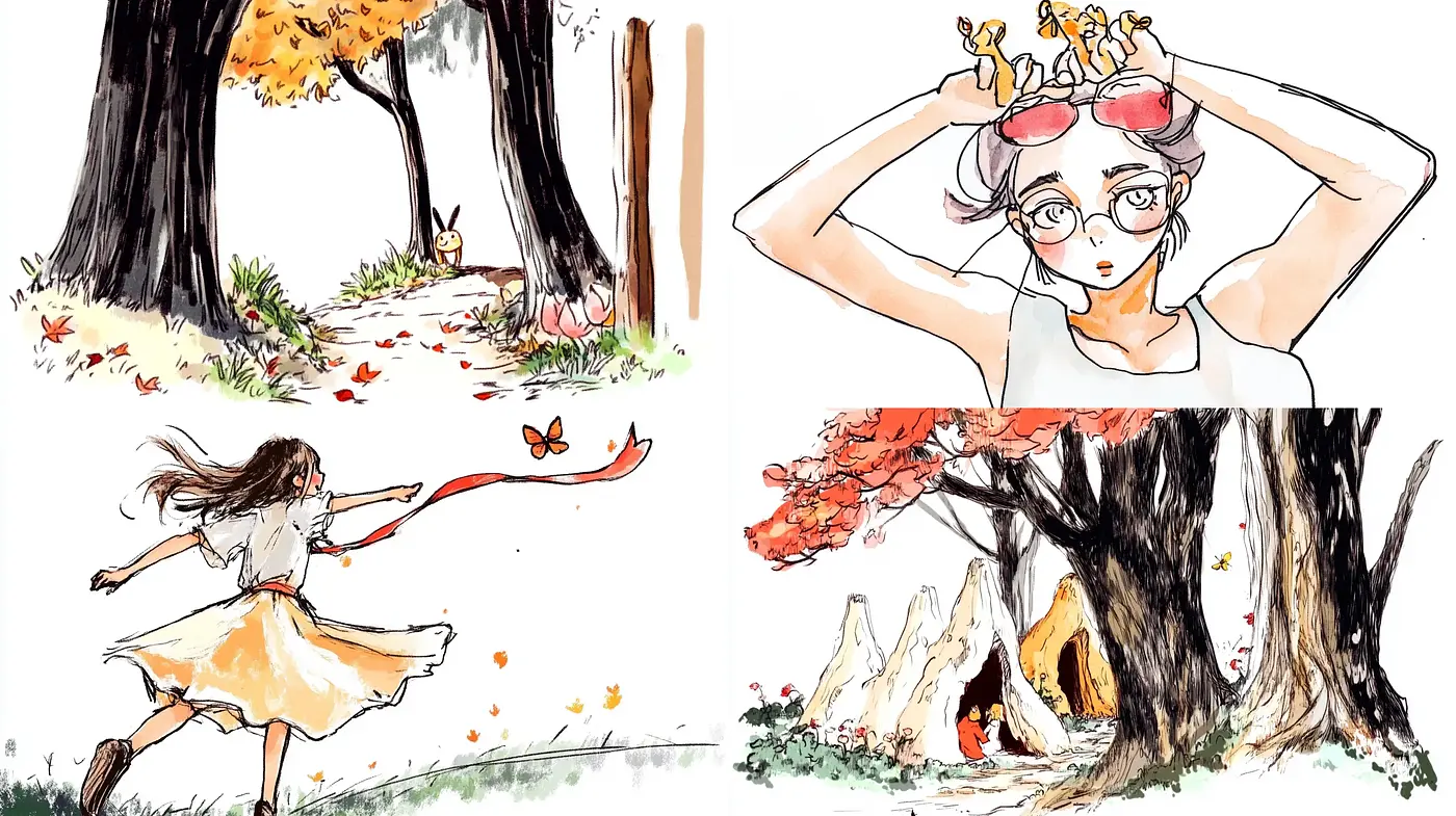 Whimsical Ink and Watercolor Illustrations with a Warm Autumn Palette - Midjourney sref style