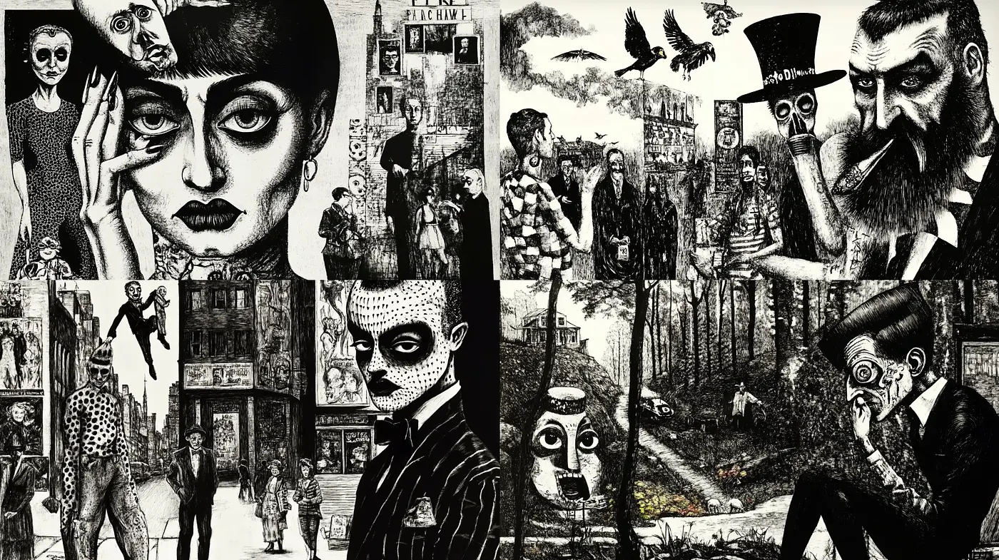 Monochromatic Melancholia: An Homage to Expressive Linearity and Surrealist Imagery - Midjourney sref style
