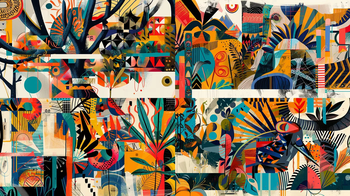 Eclectic Tapestry of Geometric and Organic Forms in Bold and Muted Hues - Midjourney sref style