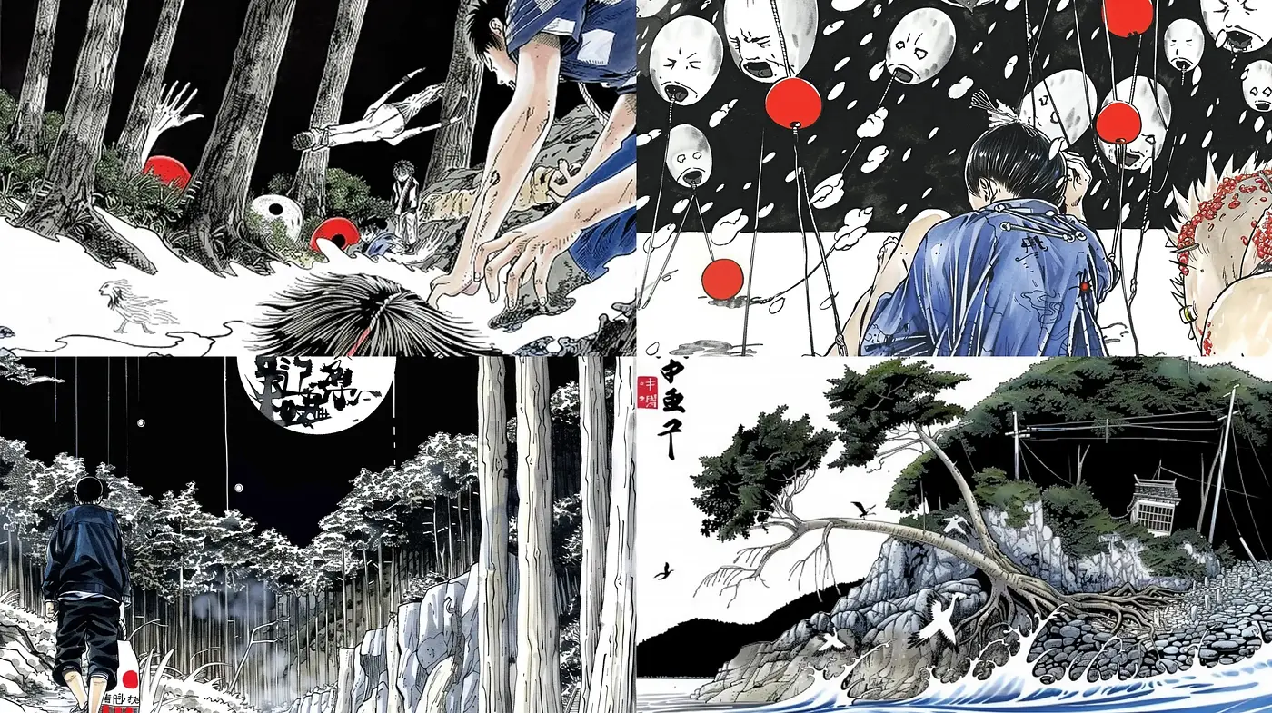 Enigmatic Fusion of Japanese Folklore and Modern Graphic Novel Aesthetics - Midjourney sref style