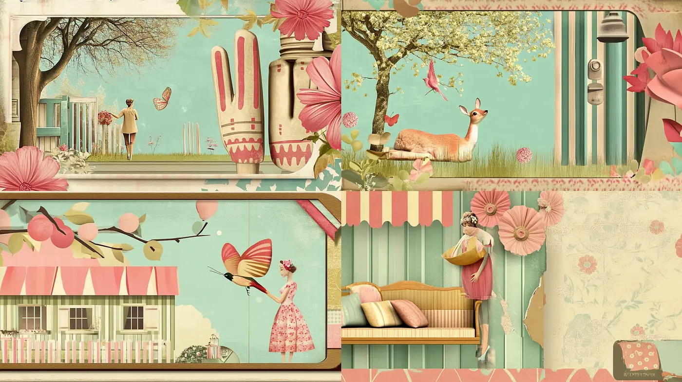Whimsical Pastoral Scenes in Soft Teal and Pastel Tones - Midjourney sref style