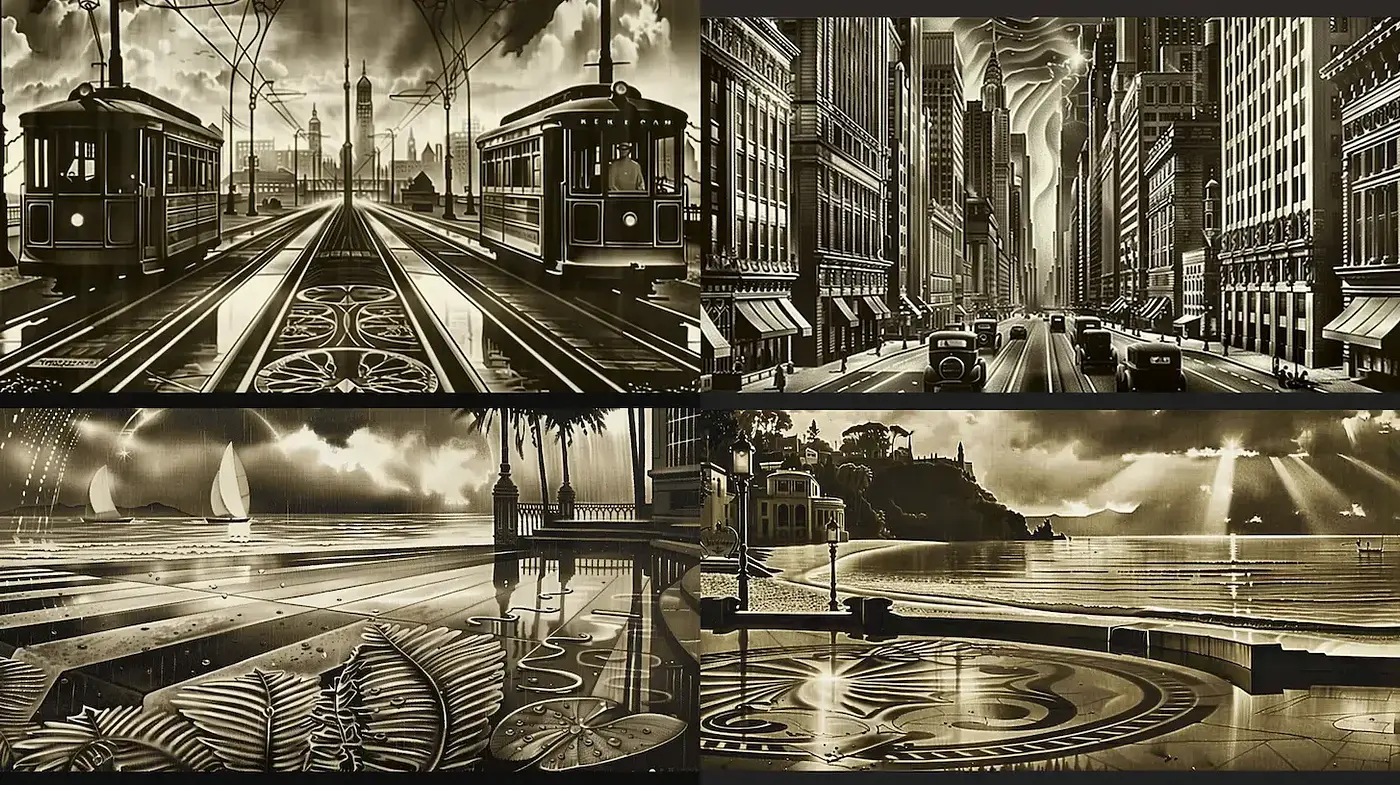 Monochromatic Urban Landscape with Surreal Elements - Midjourney sref style