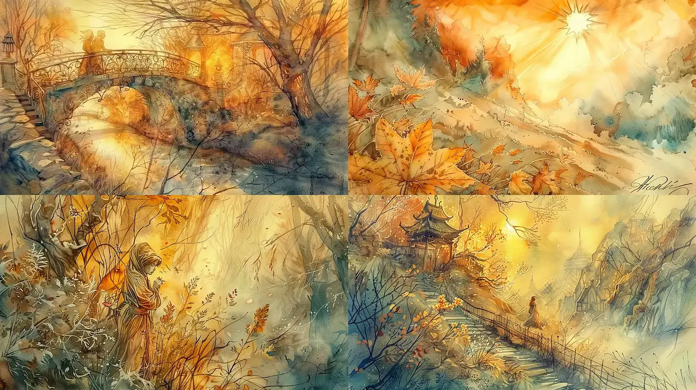 Ethereal Autumnal Landscapes with Watercolor Technique - Midjourney sref style