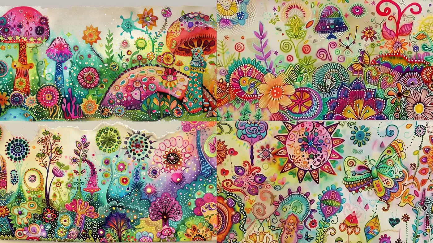 Whimsical Garden Dreamscape in Vivid Psychedelic Hues - Midjourney sref style