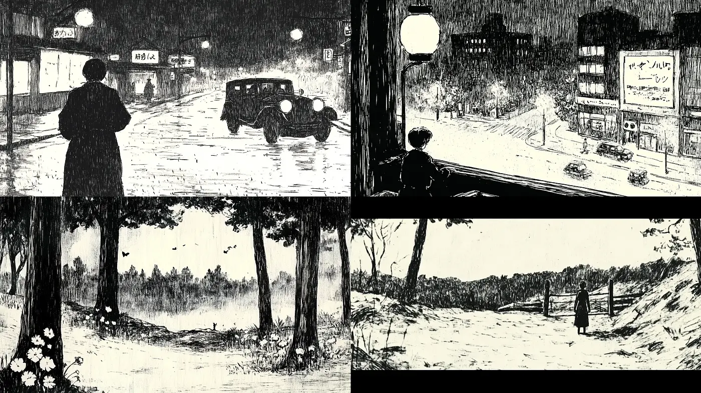 Monochrome Nostalgia in Sketch-like Textured Vignettes - Midjourney sref style