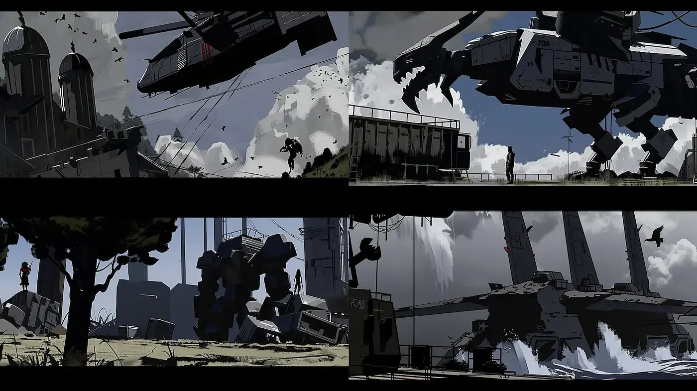 Futuristic, dystopian landscapes with dynamic tension and dramatic contrasts - Midjourney sref style