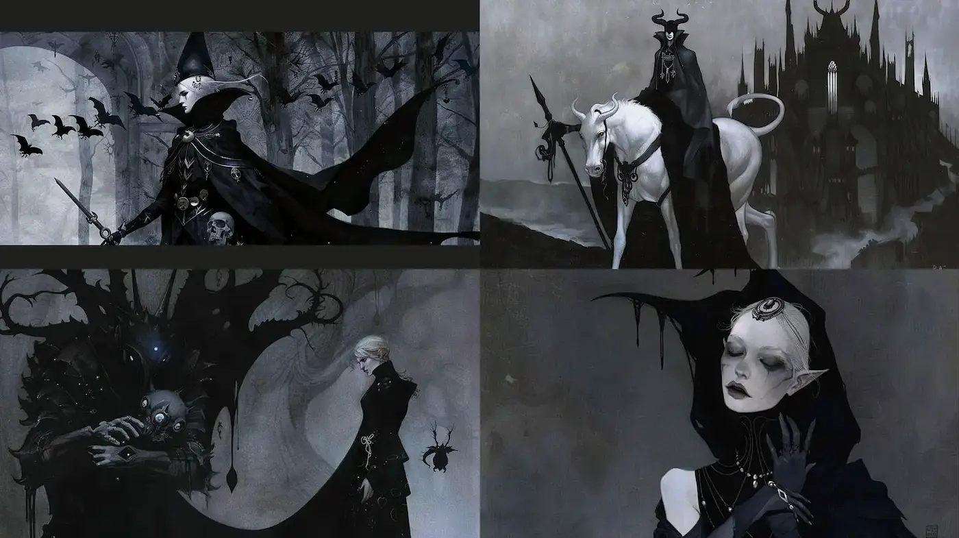 Dark Enigmatic Fantasy Aesthetics with Gothic Influences - Midjourney sref style