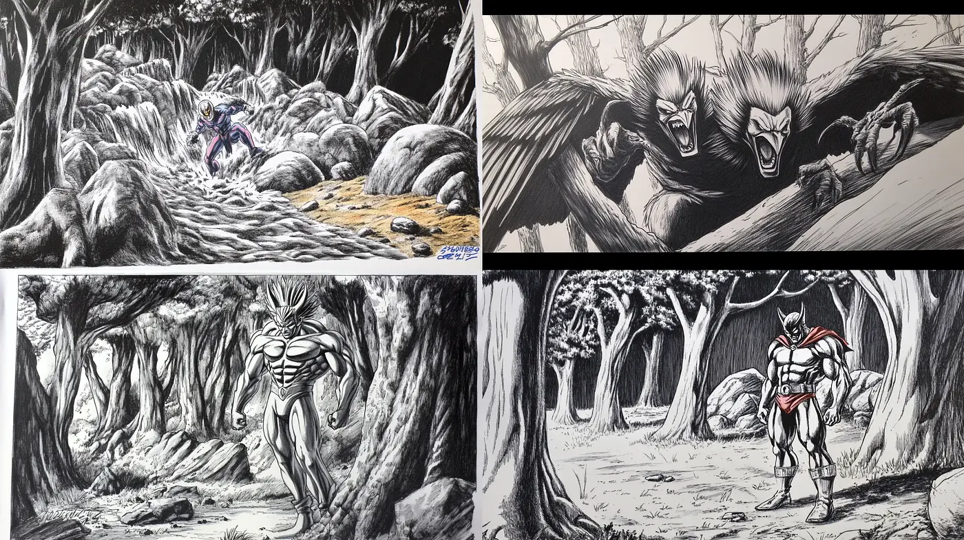 Monochromatic Wilderness: The Dynamic Fusion of Ink Brushwork and Sequential Art - Midjourney sref style
