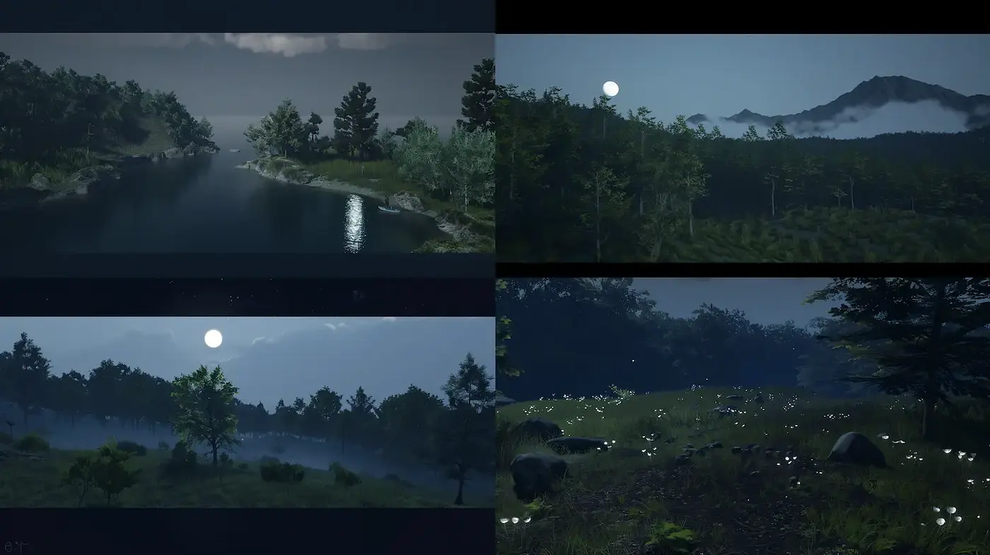 Serene and Mysterious Nighttime Landscapes with Natural Elements - Midjourney sref style