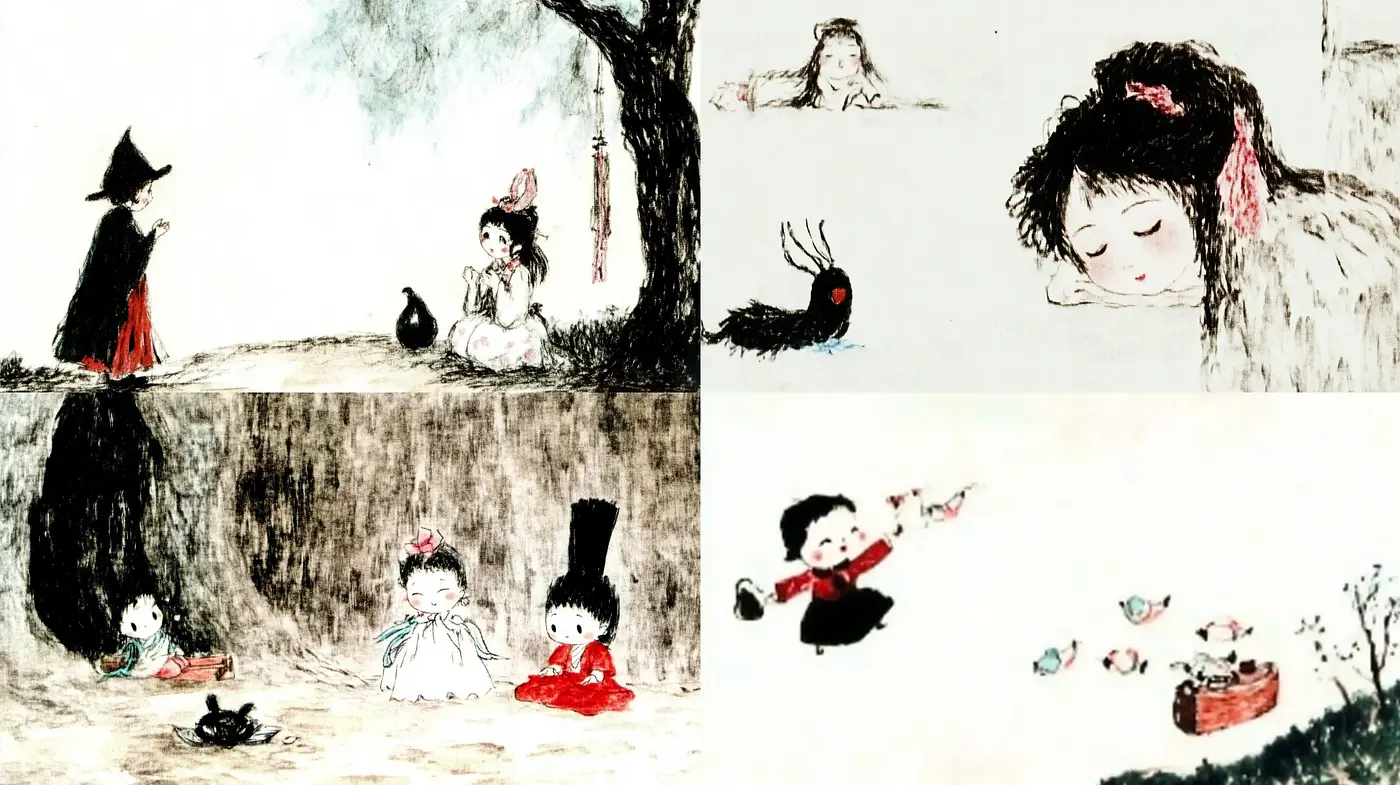 Whimsical Ink-Washed Storybook Illustrations - Midjourney sref style