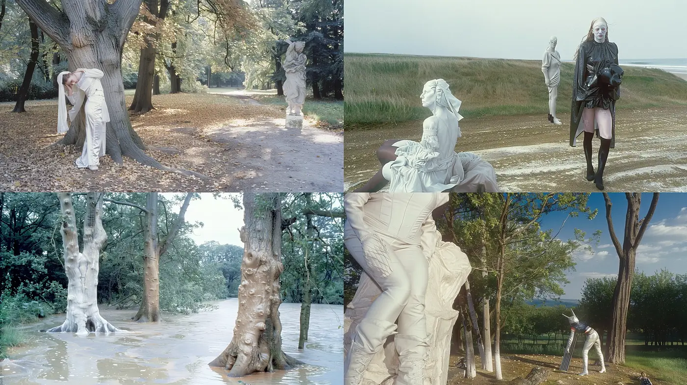 Sculptural Fusion with Surrealist Overtones in Pastoral Scenes - Midjourney sref style