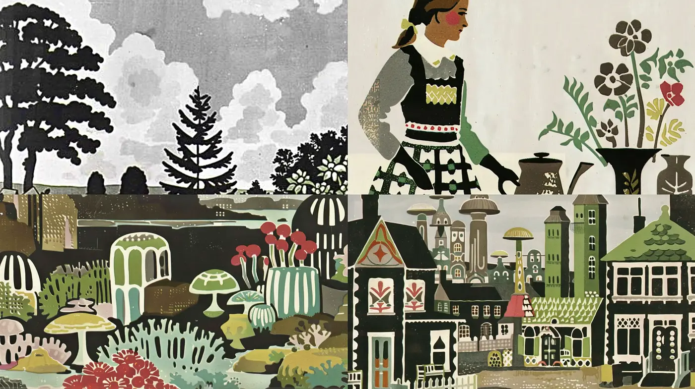 Consistent Folkloric Tapestry in Stylized Botanical Ambiance - Midjourney sref style