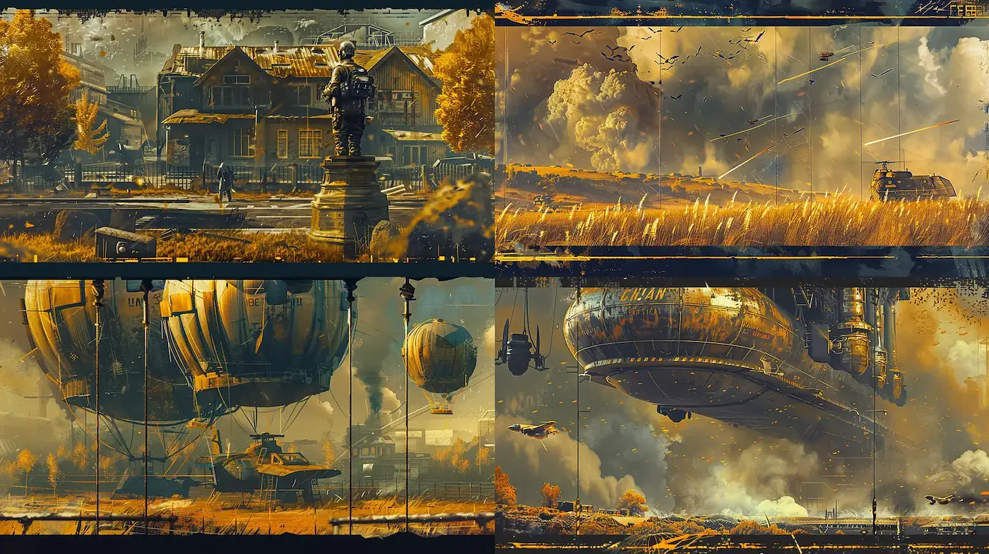 Futuristic yet Nostalgic Steampunk Landscapes with a Sense of Adventure - Midjourney sref style