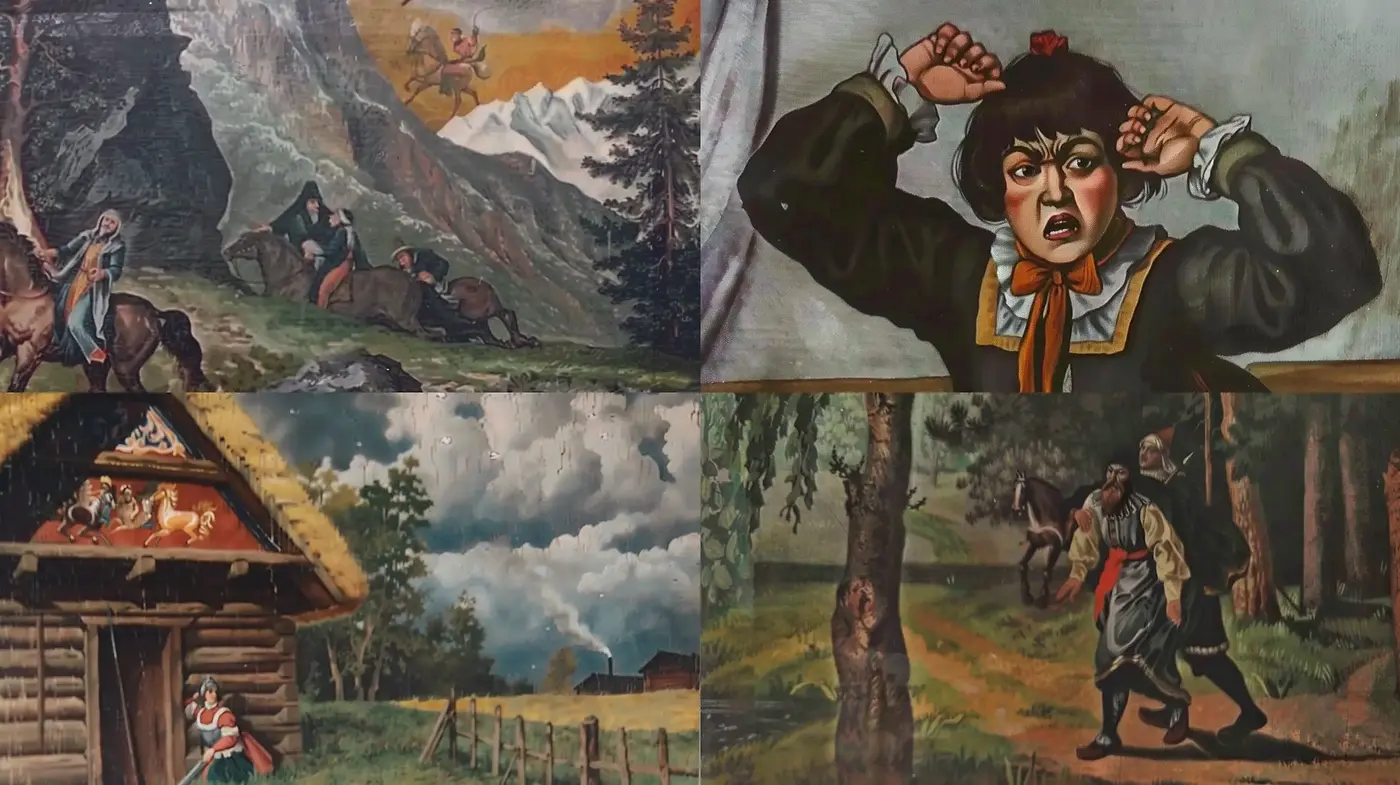 Rustic Folkloric Sceneries with Expressive Character Illustrations - Midjourney sref style