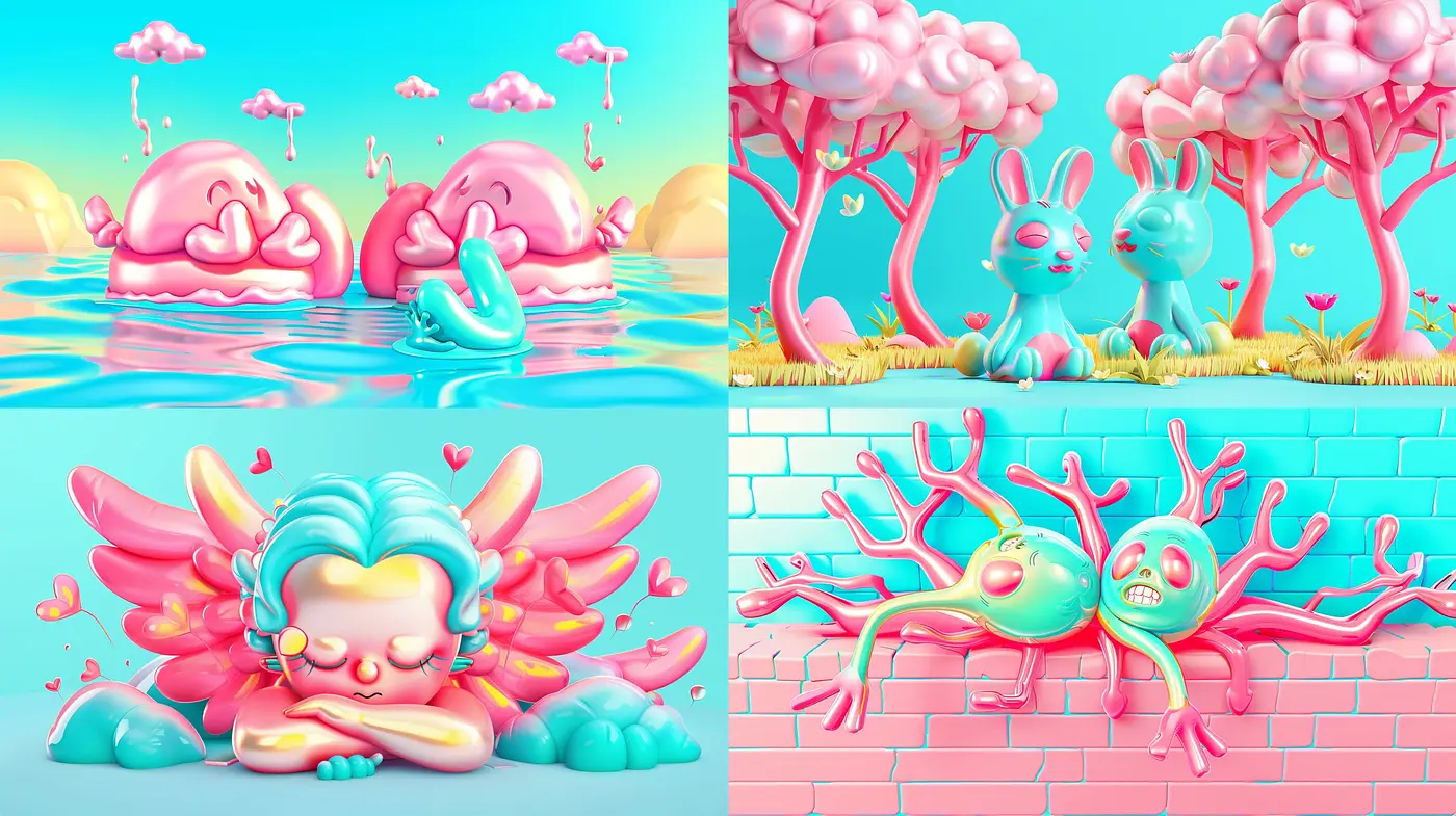 Candy-Colored Surreal Dreamscape with Glossy Finish and Playful Whimsy - Midjourney sref style