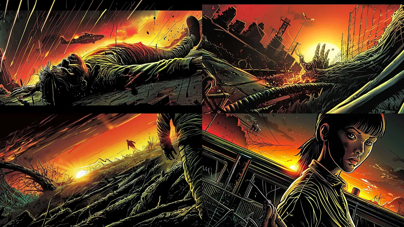 Apocalyptic Twilight: A Fusion of Dystopian Desolation and Striking Sunset Hues - Midjourney sref style