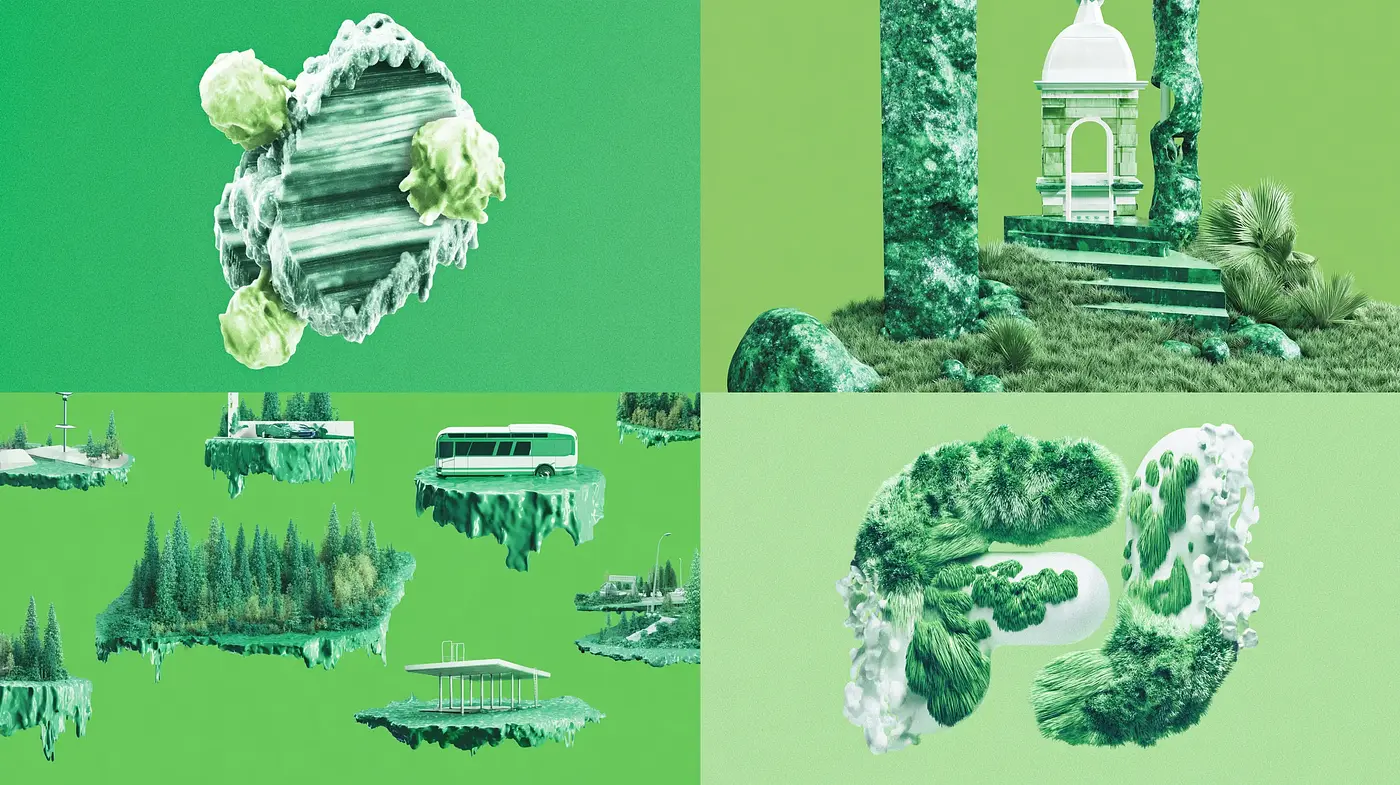 Surreal Green Landscapes with Organic Forms and Architectural Elements - Midjourney sref style