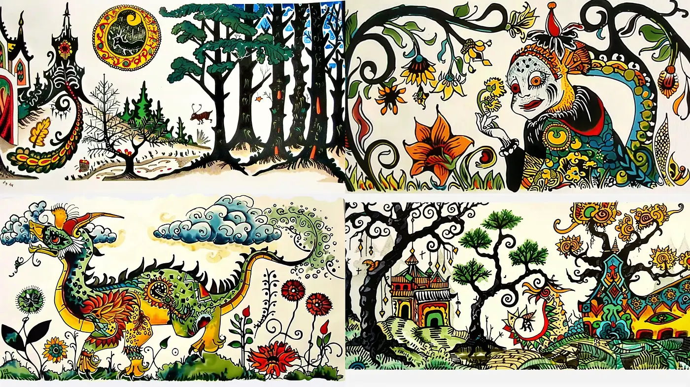 Folktale Fantasia: A Symphonic Fusion of Traditional Motifs and Vibrant Storytelling - Midjourney sref style