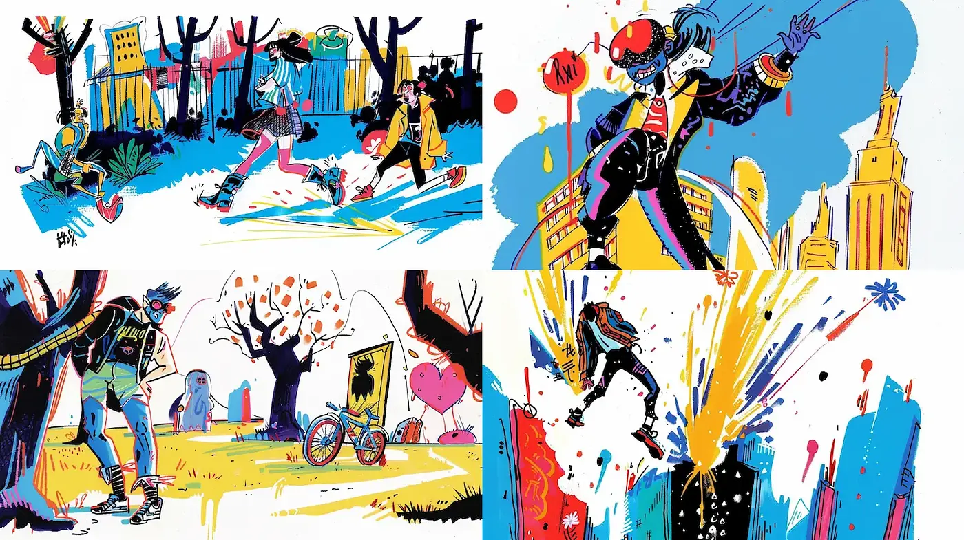 Vibrant and Dynamic Urban Illustrations with Bold Colors - Midjourney sref style