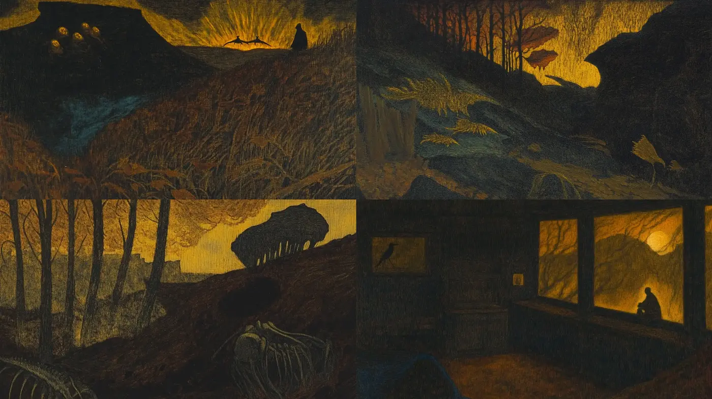 Golden Twilight Hues in a Rustic Expressionist Landscape - Midjourney sref style