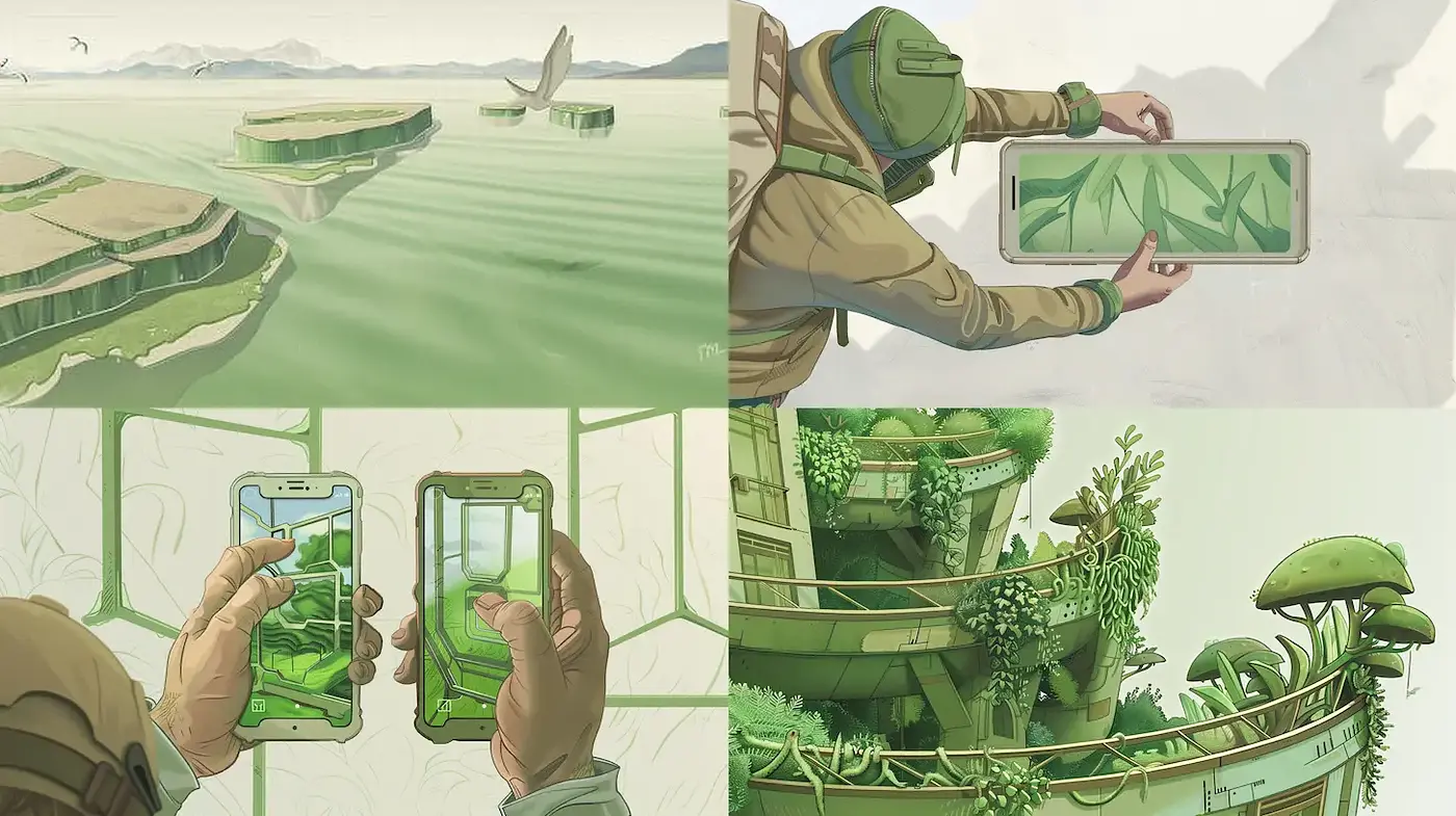 Lush Green Futuristic Landscapes with a Touch of Minimalism - Midjourney sref style