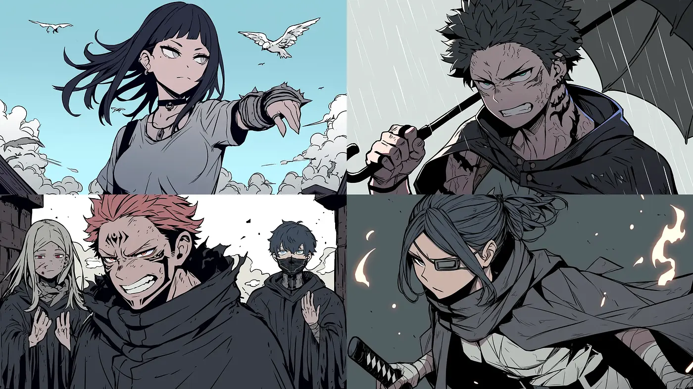 Dynamic Manga-Inspired Action Panels with Gritty Textural Overtones - Midjourney sref style