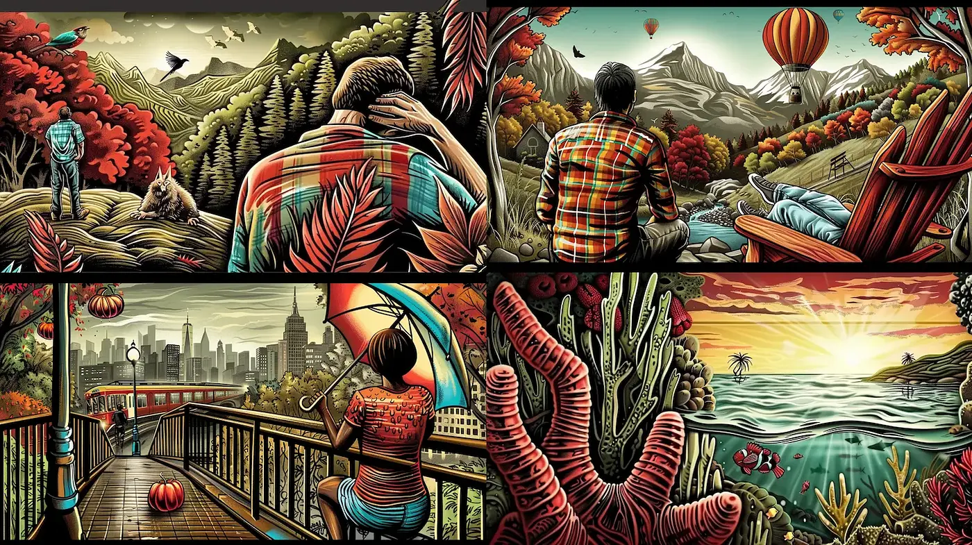 Vibrant Illustrated Landscapes with a Series of Unique Scenes - Midjourney sref style