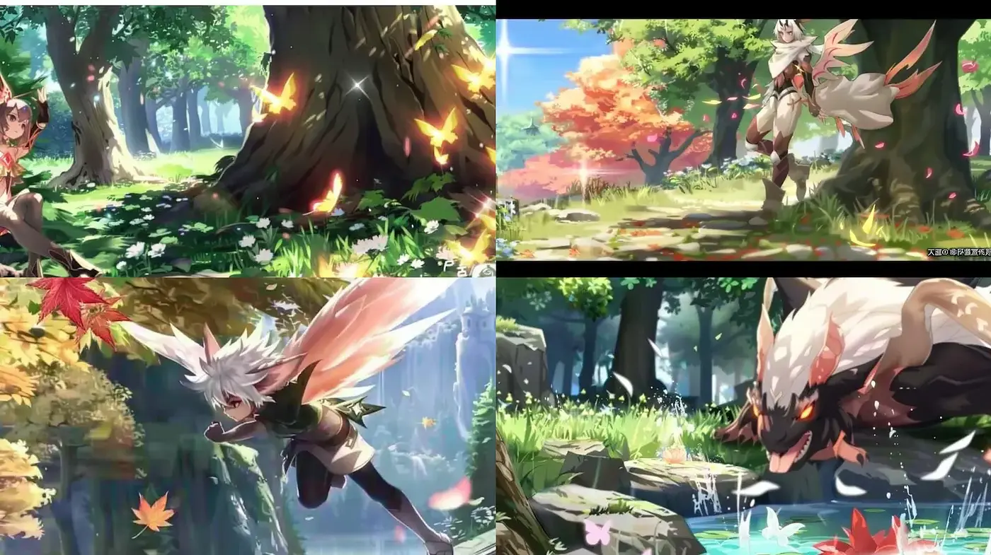 Enchanting fantasy landscapes with vibrant character elements and dynamic composition - Midjourney sref style