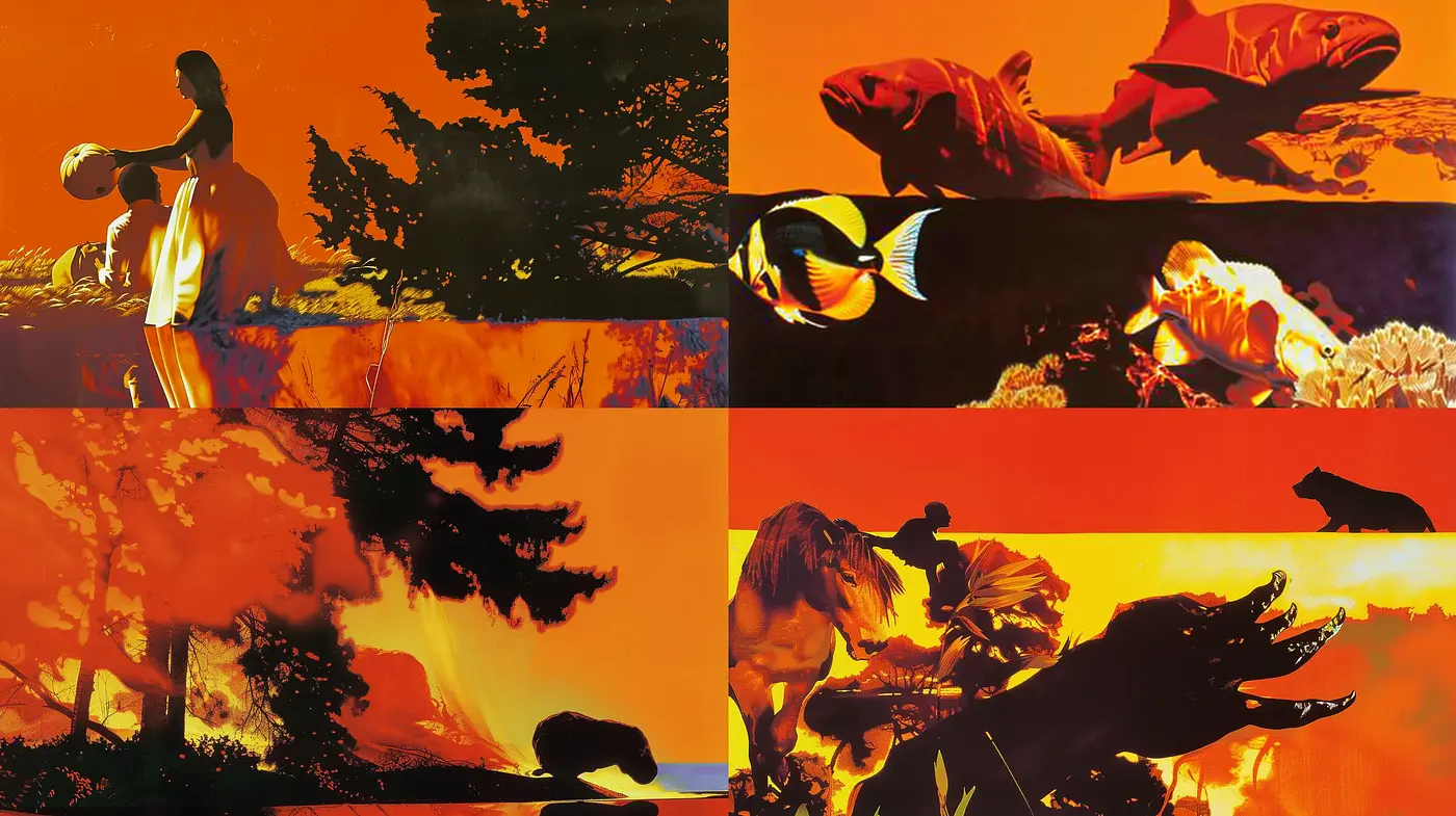 Harmonized Sunset Harmony with Vivid Contrasts and Silhouetted Forms - Midjourney sref style