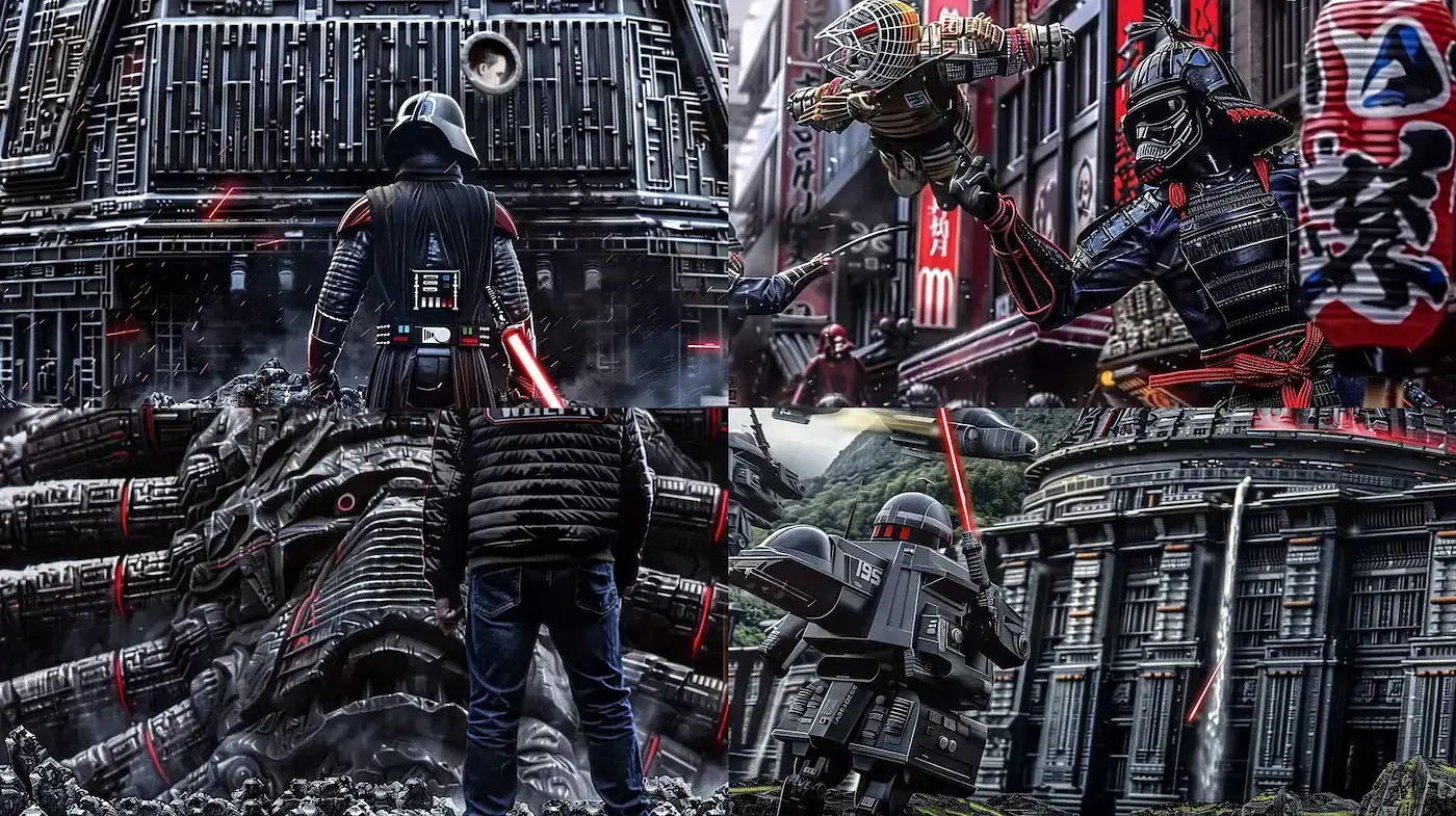 Futuristic Dystopian Elegance: A Cybernetic Symphony in Monochrome and Crimson - Midjourney sref style