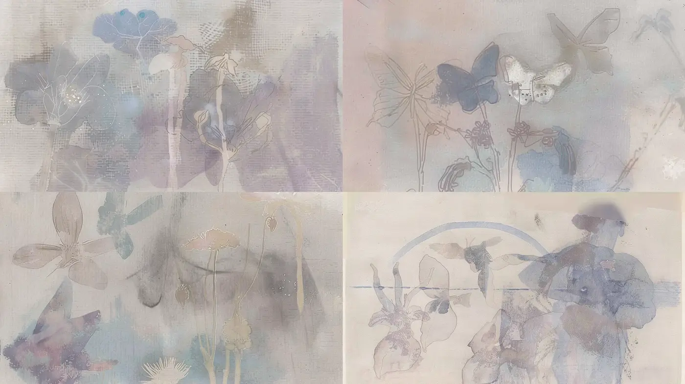 Ethereal Botanical Impressions: A Muted Dance of Flora and Fauna - Midjourney sref style
