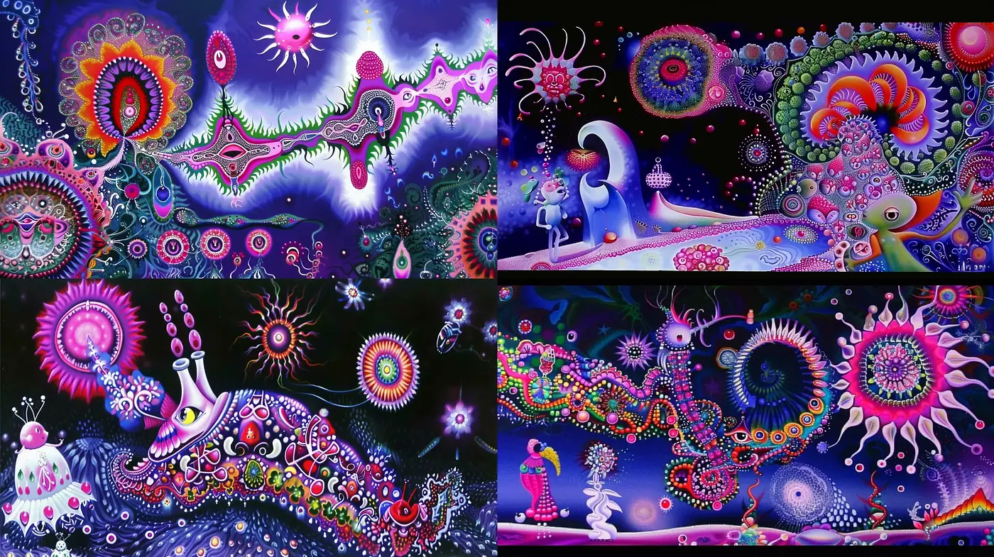 Psychedelic Dreamscape: A Fusion of Vivid Colors and Hypnotic Patterns - Midjourney sref style