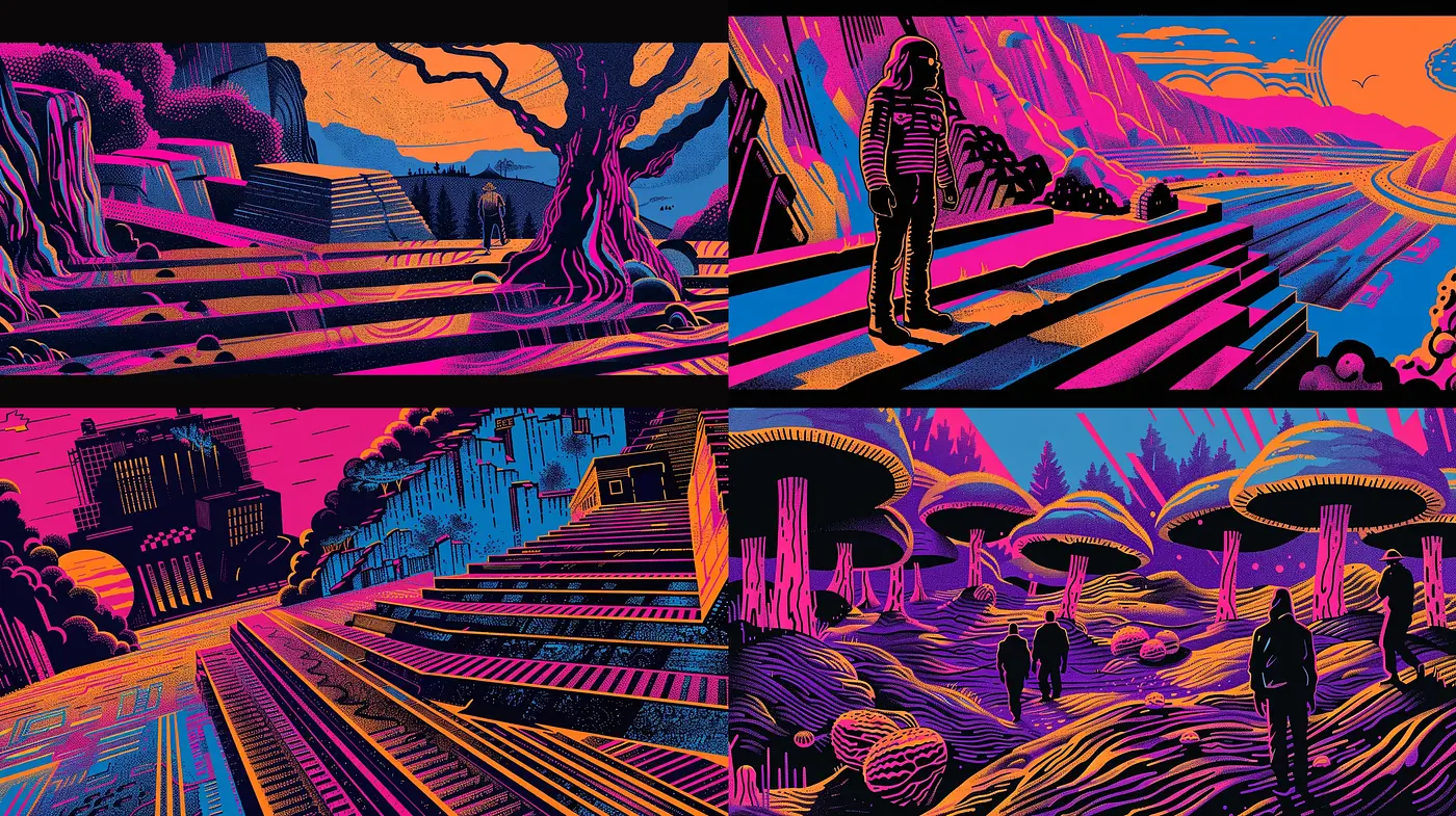 Neon Contrast and Surreal Vistas: A Digital Art Synthesis - Midjourney sref style