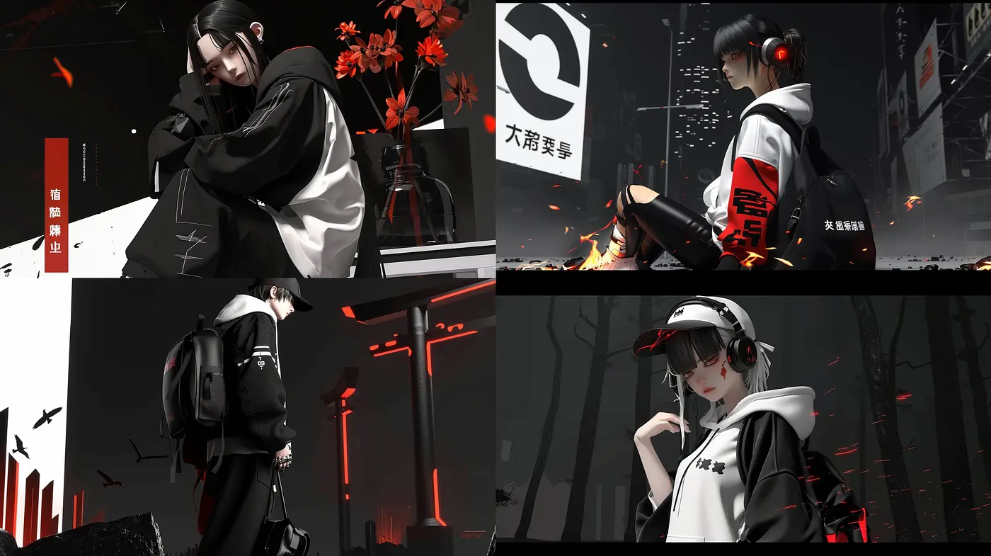 Monochromatic Urban Elegance with Pops of Red and Anime Influence - Midjourney sref style