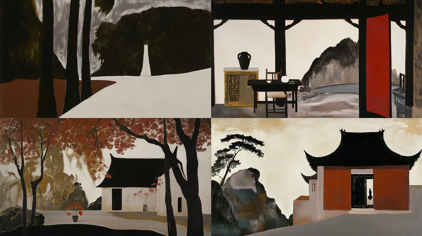 Tranquil Scenes with Red Accent in Eastern Ink Wash Essence - Midjourney sref style