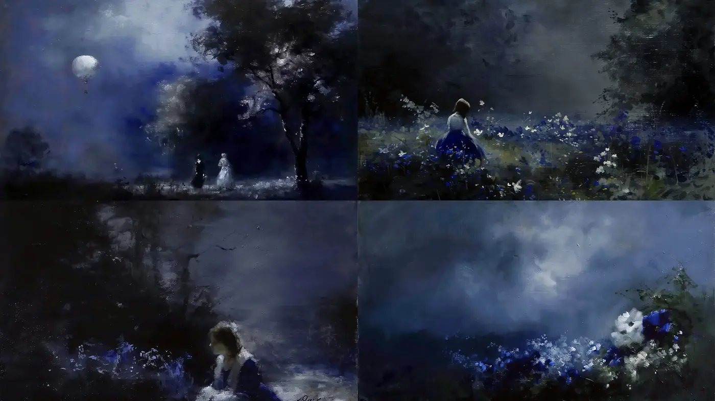 Ethereal Nocturnes: An Exploration in Moody Impressionism with a Monochromatic Blue Essence - Midjourney sref style