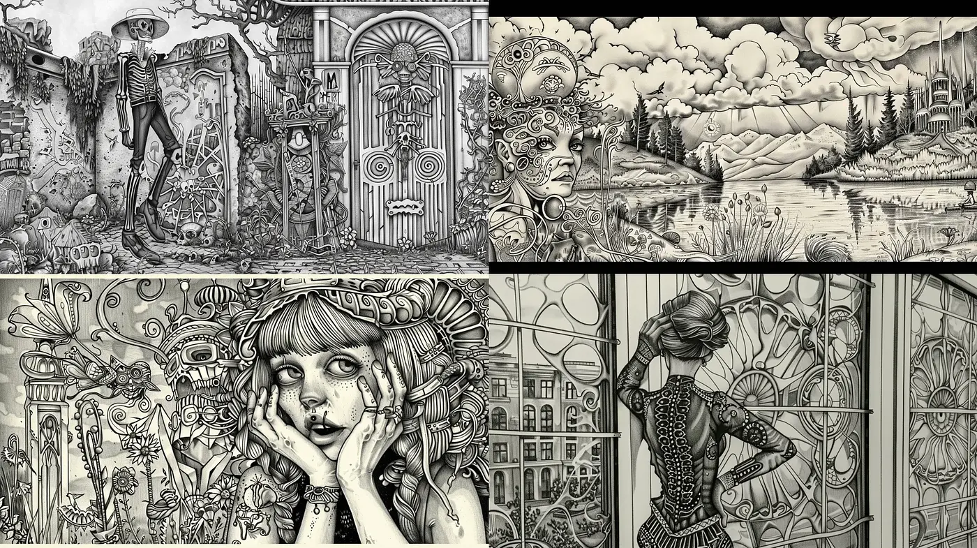 Monochromatic Dreamscape: An Intricate Dance of Line and Shade - Midjourney sref style