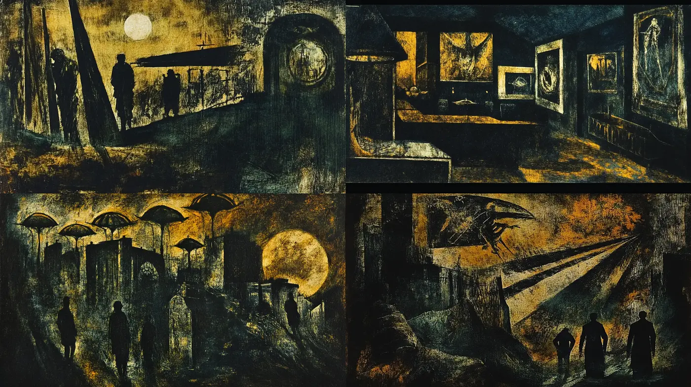 Eerie Nocturnal Hues and Textured Shadows - Midjourney sref style