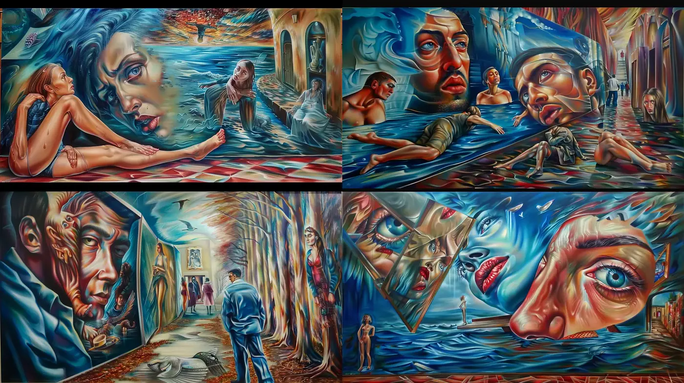 Surreal Dreamscape Fusion with Vivid Expressions and Dynamic Contours - Midjourney sref style
