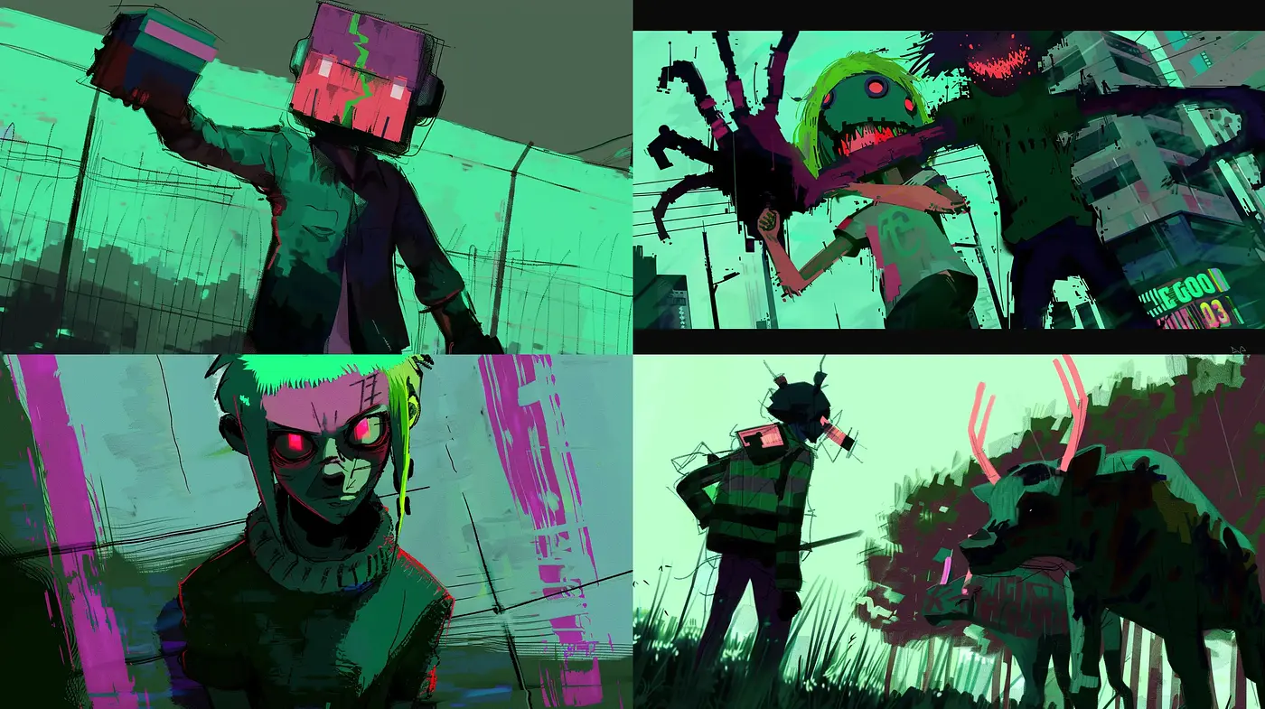 Dystopian Cyberpunk Dreamscape with Vibrant Contrast - Midjourney sref style