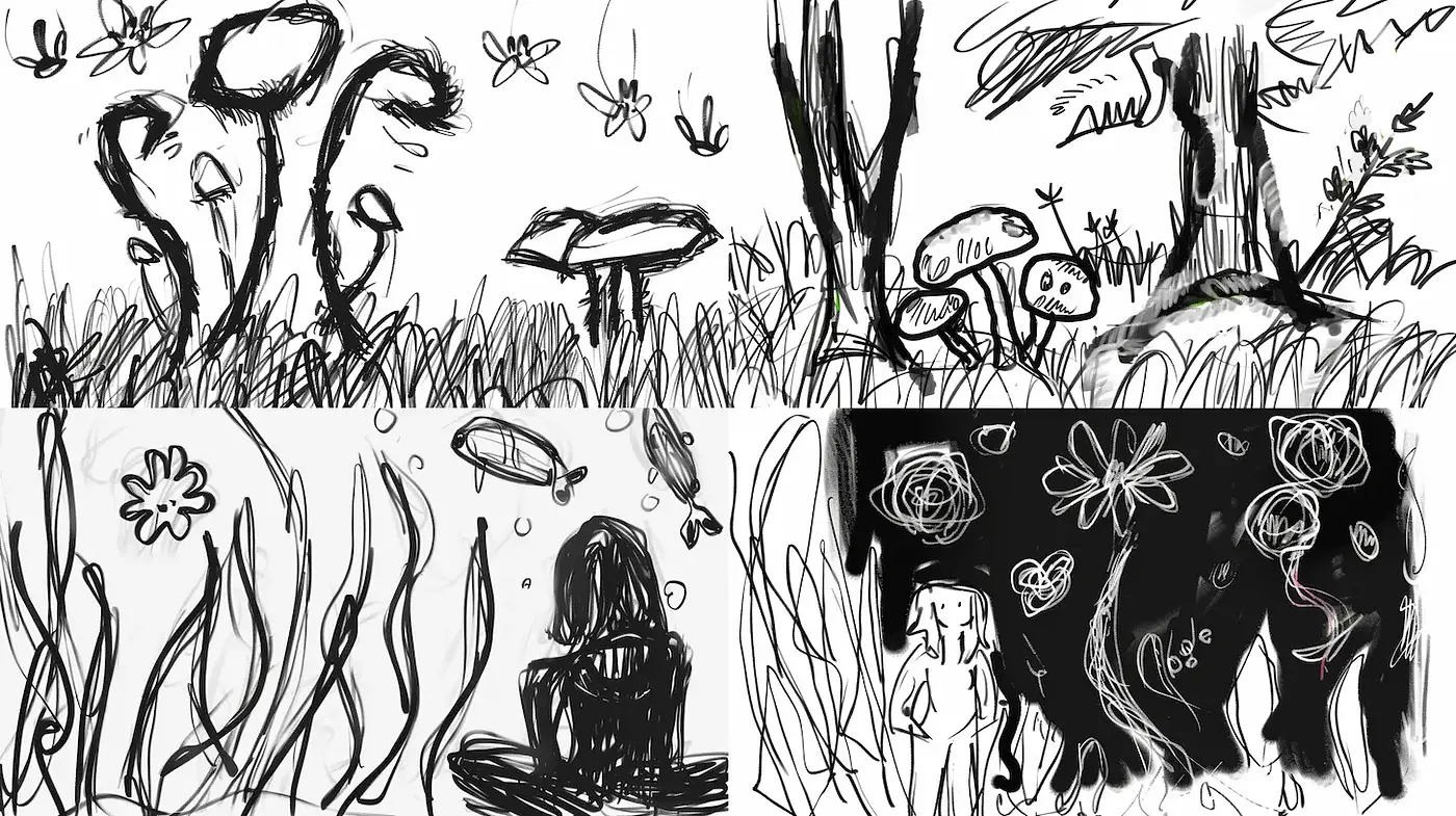 Whimsical and abstract organic sketches reflecting explorations of nature - Midjourney sref style