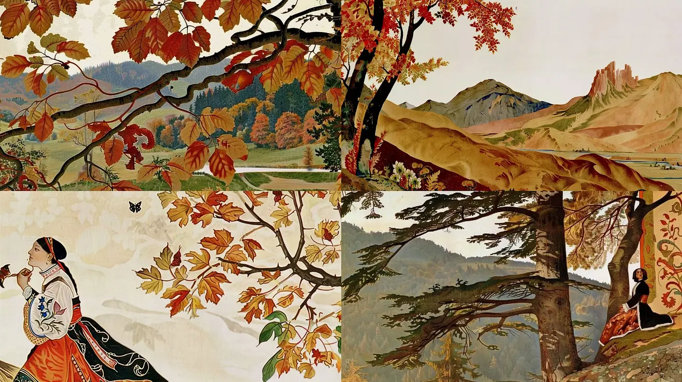 Autumnal Elegance in Stylized Landscape Fusion - Midjourney sref style