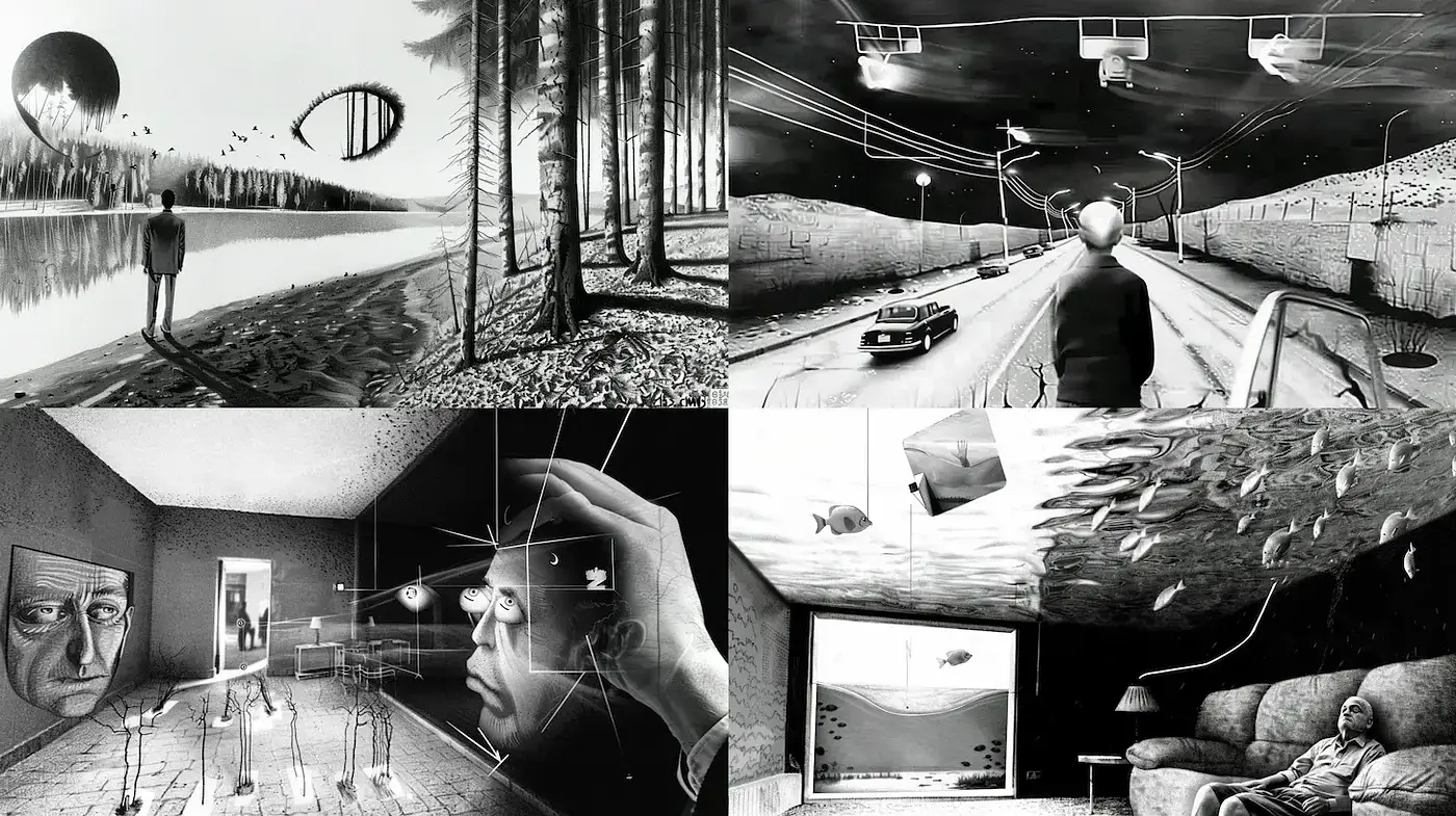 Surreal monochromatic landscapes with psychological undertones - Midjourney sref style