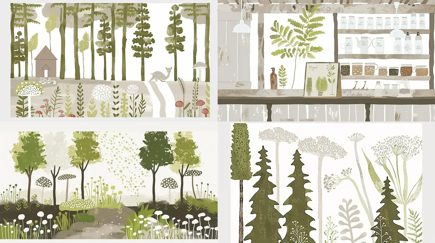 Earthy Botanical Illustrations with a Soothing Palette - Midjourney sref style
