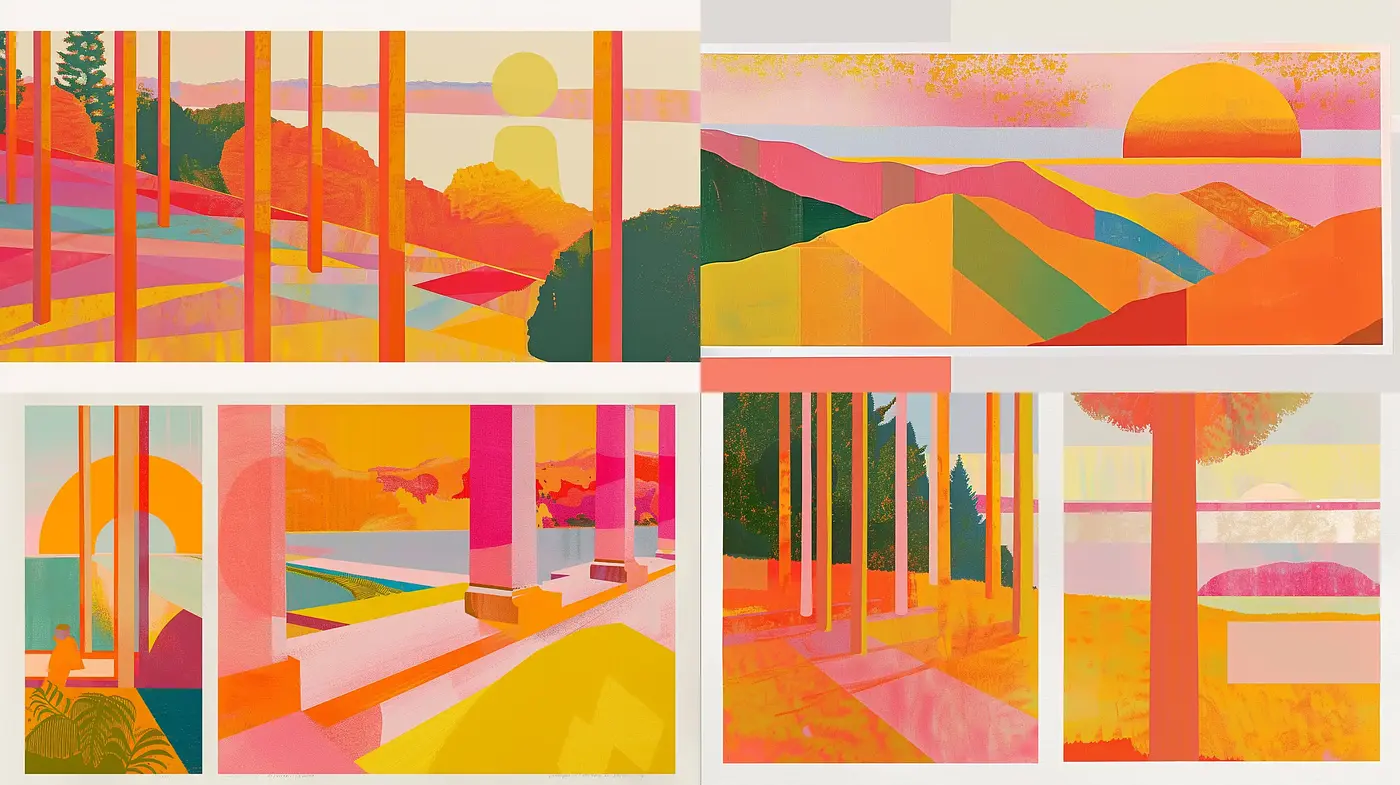 Sunset Hues and Geometric Shapes in Synthetic Landscape Art - Midjourney sref style