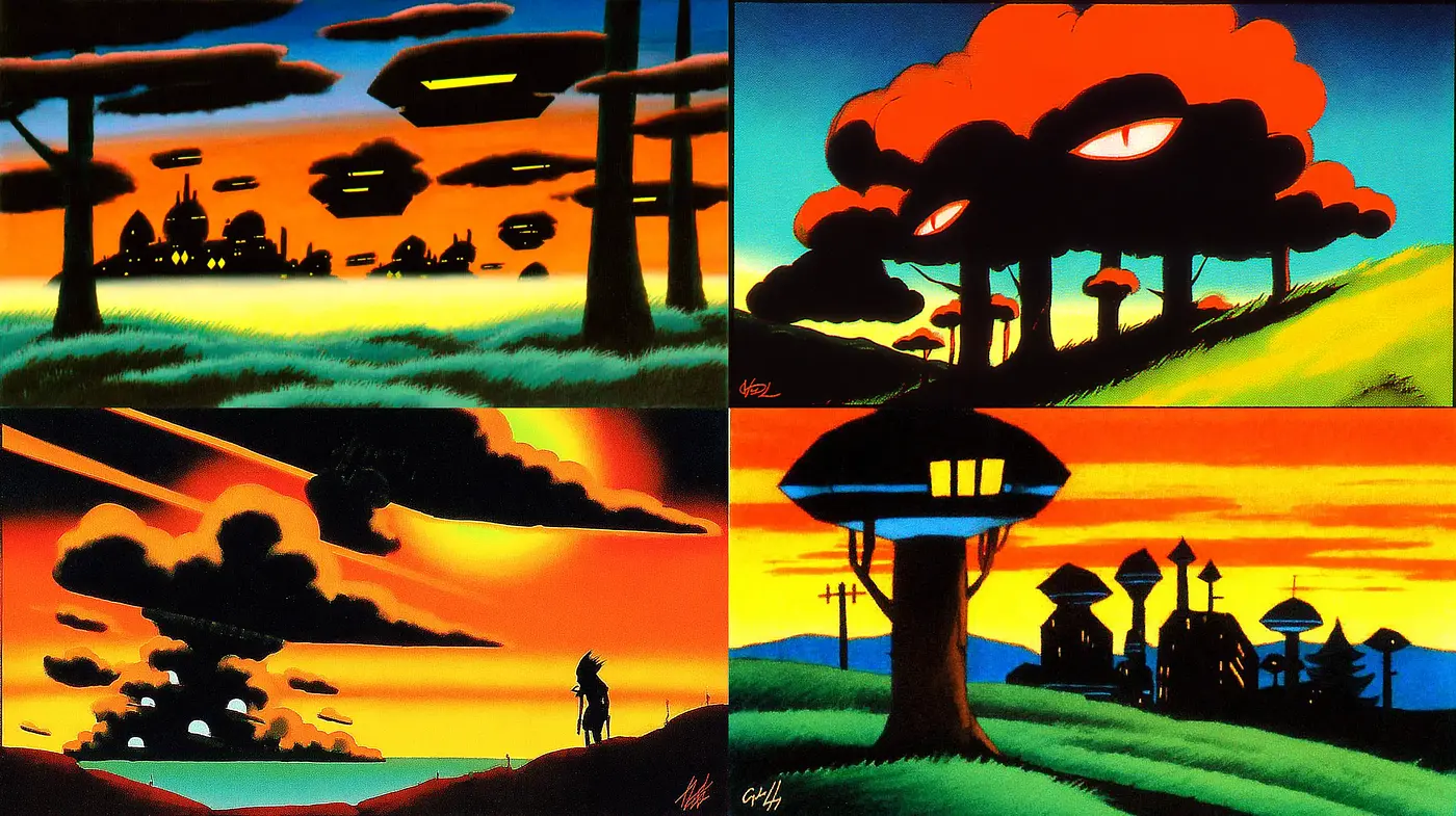 Vibrant surreal landscapes with bold contrasts and dynamic forms - Midjourney sref style