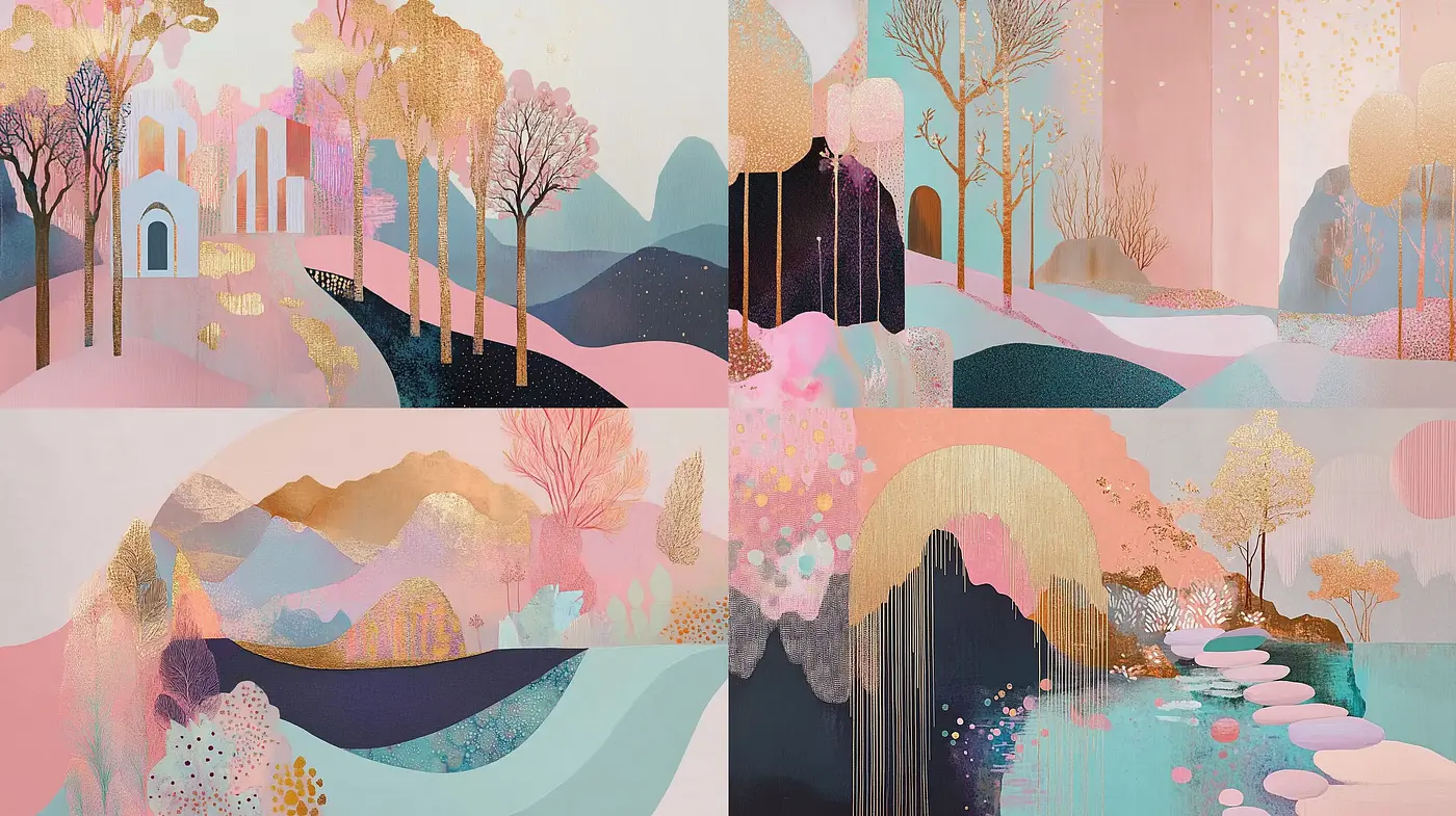 Dreamlike Pastel Panorama with Textural Harmony - Midjourney sref style