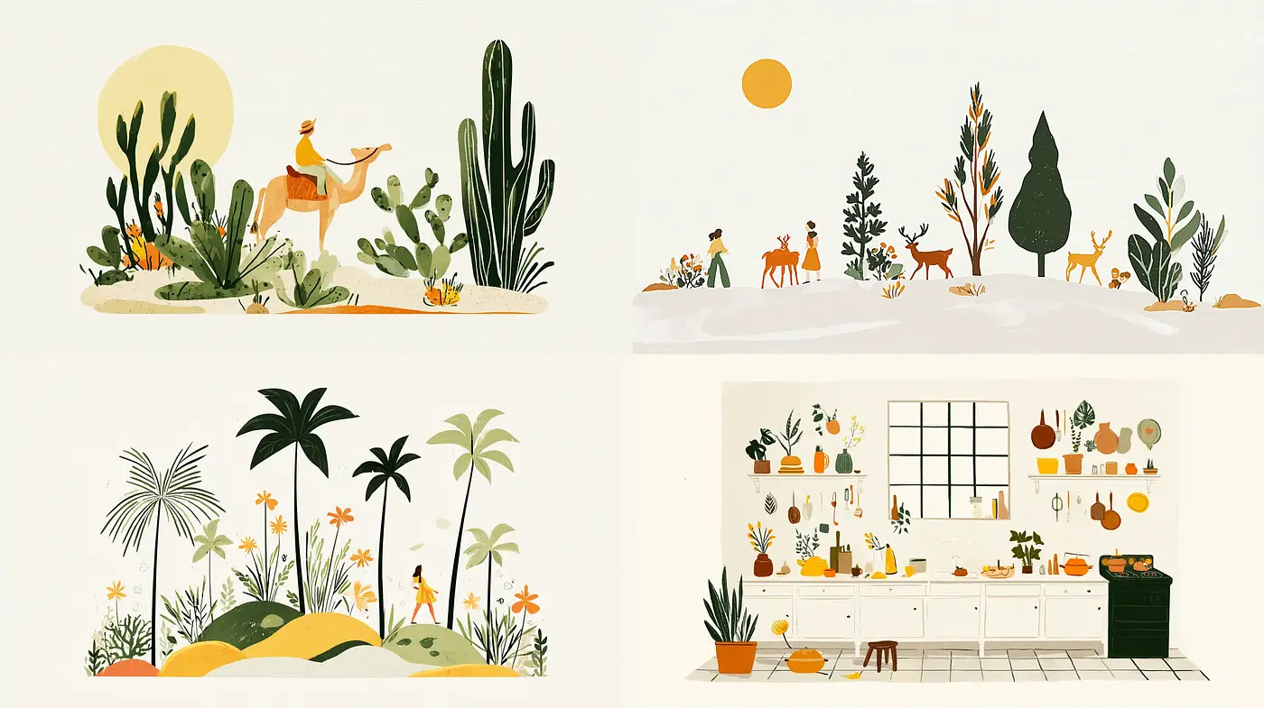 Charming Whimsical Illustrations with a Playful Atmosphere and Nature Elements - Midjourney sref style