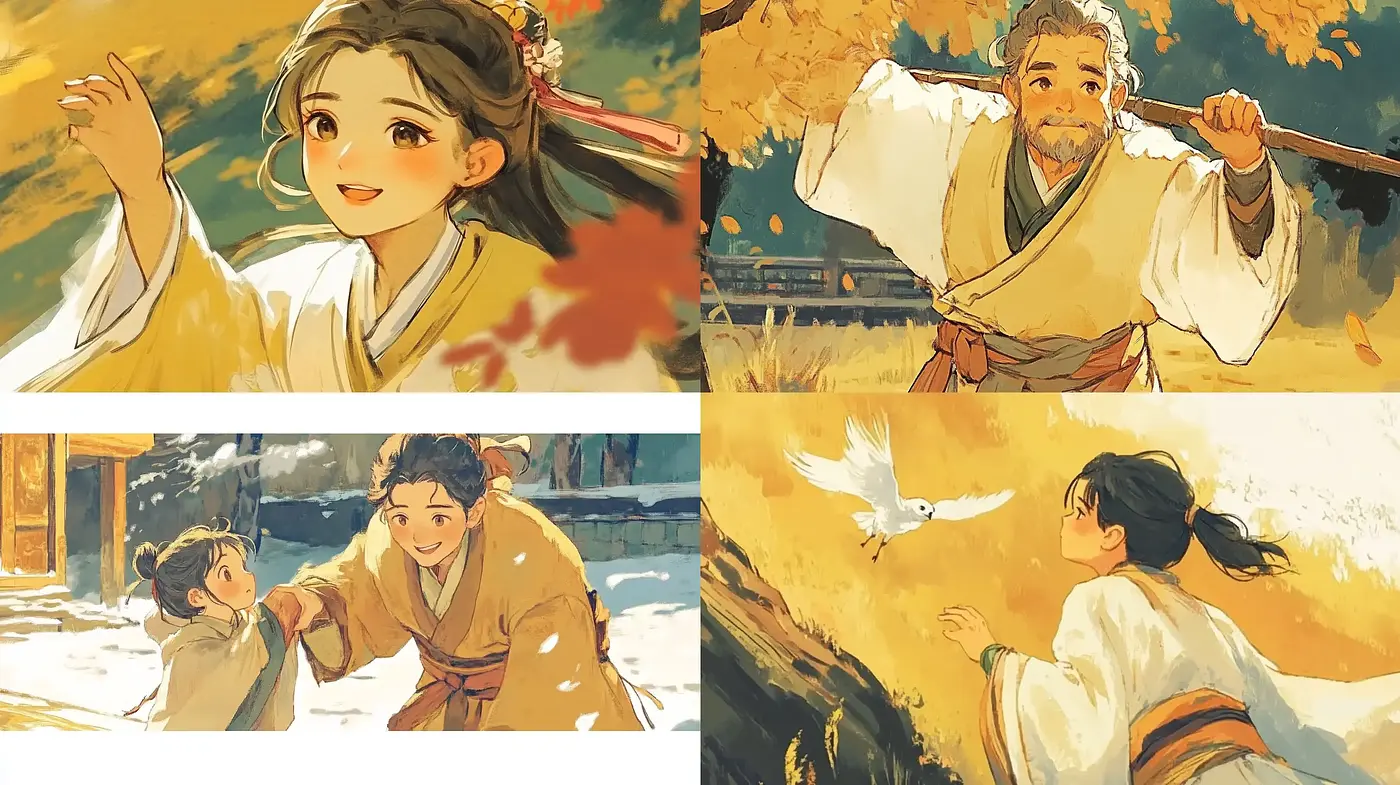 Warm Pastoral Hues and Dynamic Brushwork Illustrations - Midjourney sref style