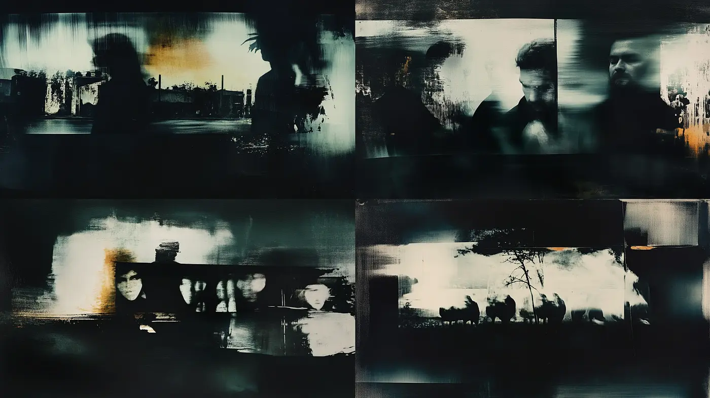 Abstract Shifting Silhouettes with Noir Ambiance - Midjourney sref style